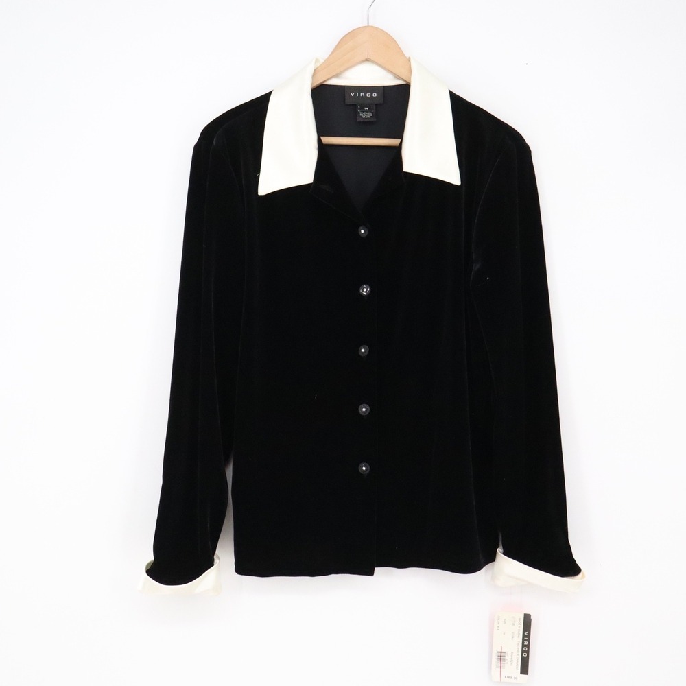 Virgo Dress Set Womens 14 Black Velvet Contrast Trim Button-Down NEW